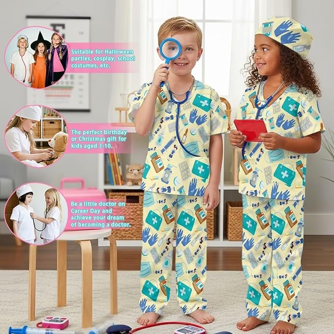 3 PCS Set Doctor Costume for Kids,Scrubs with Nurse Costume Kids Set,Girls Boys Doctor Career Day Costumes