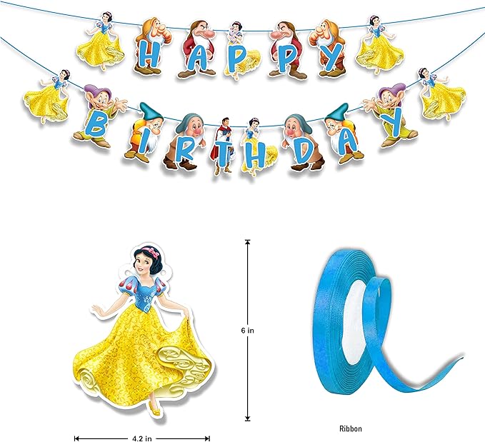 "Snow White and the Sevn Dwafs Happy Birthday Banner – Cartoon Princess Theme Birthday Party Decoration – Colorful Fairy Tale Banner for Girls Birthday Party, Photo Booth,Party Backdrop Décor"