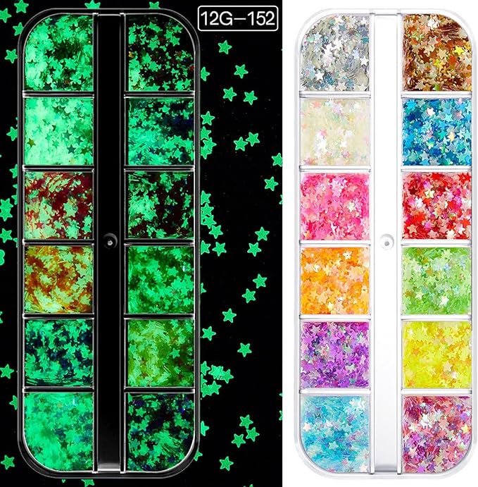 12 Grids Luminous Nail Art Glitter Powder, Glow in The Dark Nail Art Sequins with Star Shape Designs, Night Holographic Fluorescent Nails Mix Pigment Supplies for Women Girls Glow Decorations