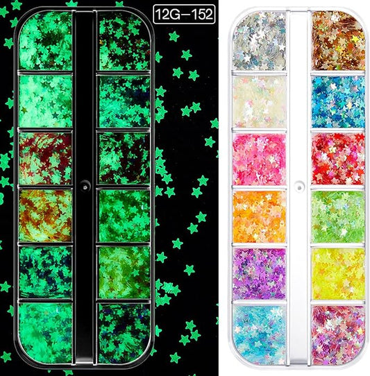12 Grids Luminous Nail Art Glitter Powder, Glow in The Dark Nail Art Sequins with Star Shape Designs, Night Holographic Fluorescent Nails Mix Pigment Supplies for Women Girls Glow Decorations