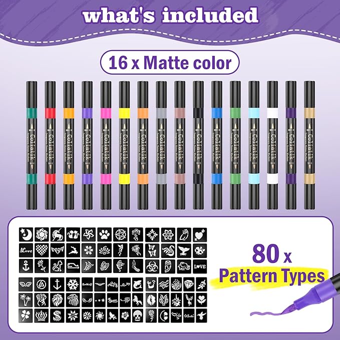 Temporary Tattoo Markers for Skin – Dual-End 16 Colors + 80 Stencils Kit, Skin-Safe Washable Cosmetic-Grade Body Art Pens for Kids & Adults