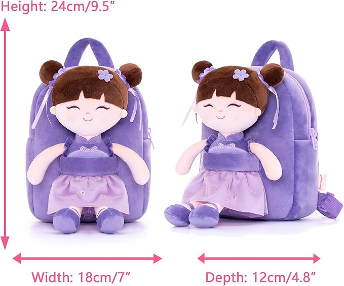 Gloveleya Back to School Gifts for Girls Kids Backpack Toddler Backpack Soft Plush Asian Girl Doll Backpacks Purple 9"