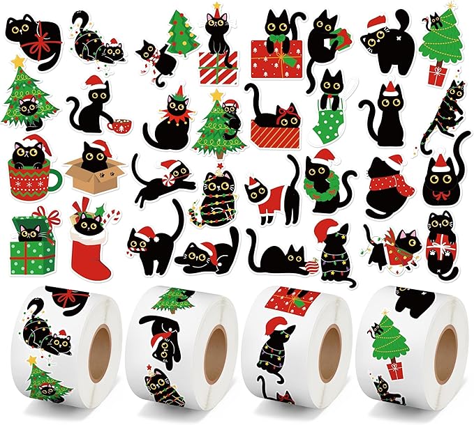 CNhoqc Christmas Black Cat Stickers - 2000Pcs (4 Rolls) Vibrant Christmas Cat Stickers Santa Hat Tree String Light Waterproof Vinyl Decals Gift Wrapping Laptop Party Supplies Travel Case Skateboards