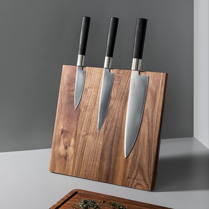 Navaris Wooden Magnetic Knife Holder - Universal Wood Magnetic Knife Block - Organizer for Knives Scissors Kitchen Cutlery - Walnut 10.9" x 10.8"