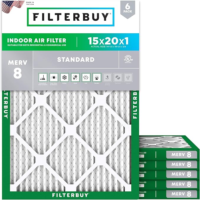 Filterbuy 15x20x1 Air Filter MERV 8 Essential Dust & Allergy Defense (6-Pack), Electrostatic Pleated HVAC AC Furnace Filters Replacement (Actual Size: 14.50 x 19.50 x 0.75)