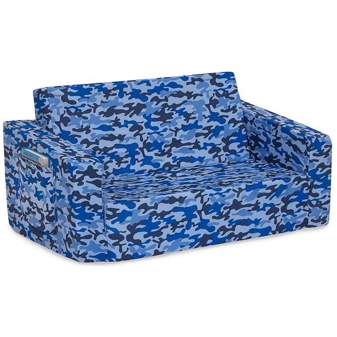 Delta Children Cozee 2-in-1 Sofa, 2-Seater Convertible Toddler Couch Sleeper, Wide 2-in-1 Flip Open Foam Chair for Playroom, Pet-Friendly, Bed Lounger, Comfy Play Sleeping Lounge Chair, Blue Camo
