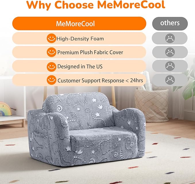 MeMoreCool Glow-in-the-Dark Dinosaur Kids Couch, 2-in-1 Foldable Kids Couch and Sofa Chair for Playroom Nursery, Soft Foam Fold Out Lounger for Boys Ages 1-3, Washable Cover, Gray | Reading, Lounging