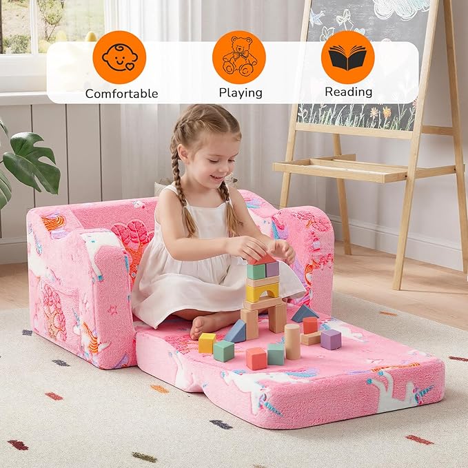 MeMoreCool Glowing Pink Fairy Kids Chair, 2-in-1 Fold-Out Kids Couch and Sofa for Girls Ages 1-3, Comfy Foam Lounger for Playroom Nursery with Glow in the Dark Design and Washable Cover | Reading, Relaxing