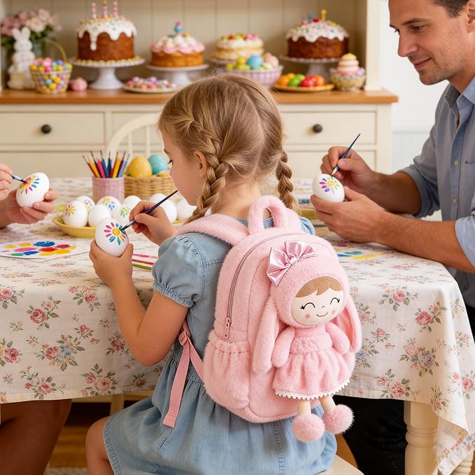 Gloveleya Toddler Backpack Plush Bag with Soft Pink Rabbit Doll Detachable Design 11inches Gift for Baby Girl 2+...
