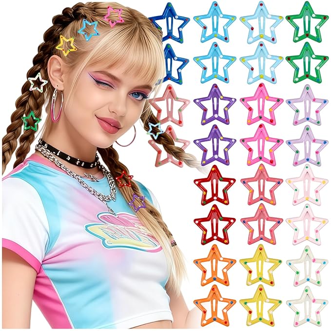 28Pcs Star Hair Clips Y2K Polka Dot Cute Star Hair Clips for Women Snap Metal Stars Barrettes for Long Short Curly Thin Thick Hair Bulk Colorful Kawaii Hair Accessories for Girls Styling Tools