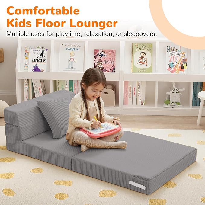 MeMoreCool Folding Sofa for Kids, Corduroy Fold Out Futon Chair, Small Foldable Floor Mattress, Portable Children Couch Sofa, Light Grey