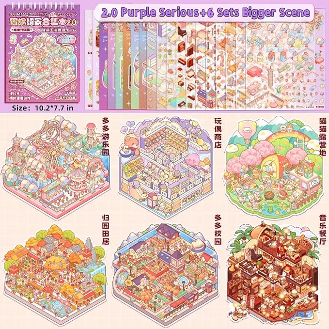 6 Sets Sticker Therapy DIY 3D Mini Scene Book: 1000+ Premium Removable Stickers for Anxiety Relief, Creative Scrapbooking Reusable Stress Relief Activities for Adults and Teens