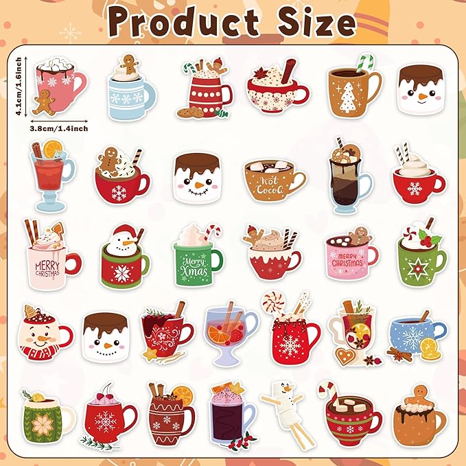 CNhoqc Christmas Cocoa Sticker Rolls - 2000Pcs Winter Hot Cocoa Mug Marshmallow Waterproof Vinyl Decal Reusable Laptop Sticker Scrapbook Water Bottle Junk Journal Party Supplies Skateboard Travel Case