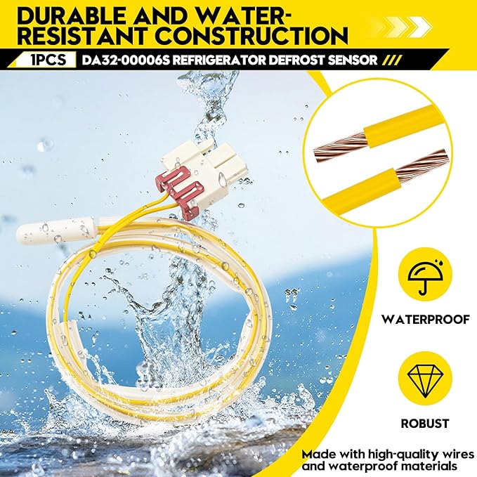 DA32-00006S Refrigerator Defrost Sensor, Fit for Samsung Kenmore 795 Evaporator Temperature Thermistor, Replace AP4308802 PS4138590 EA4138590, 5KΩ 16-Inch Wire for Frost-Free Fridges