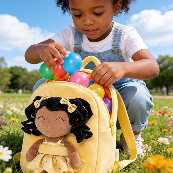 Gloveleya Toddler Backpack Baby Ballerina Girl Gifts Plush Curly Hair Ballet Backpack - Black Blonde 9 inches