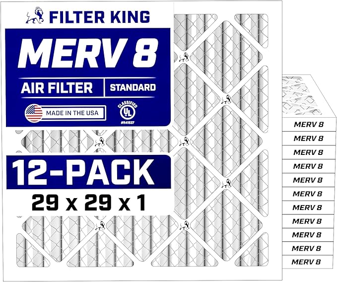 Filter King 29x29x1 Air Filter (MERV 8) (12-Pack) Dust & Allergy Control AC Furnace Filters, MADE IN USA, HVAC, Pleated, Electrostatic (Actual Size: 28.5 x 28.5 x .75)
