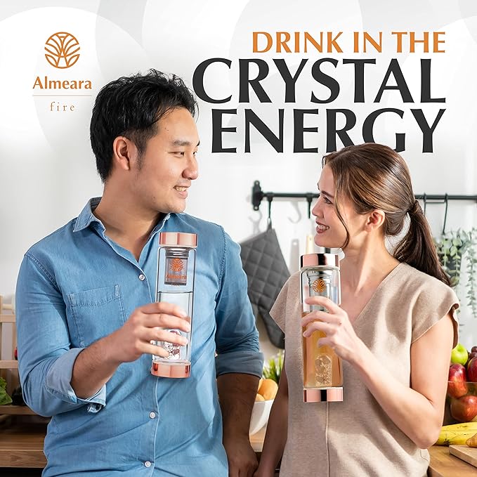 Almeara Crystal Water Bottle with Authentic Red Jasper Stones & Clear Quartz Removable Gemstones, Loose Leaf Tea Infuser - Relaxation, Healing & Spiritual Gifts for Women - Witchcraft Supplies