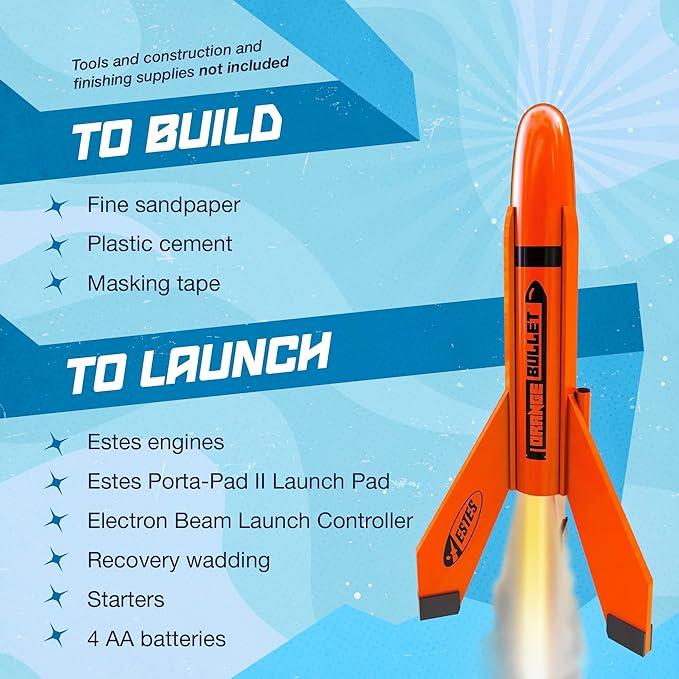 Estes 7295 Orange Bullet Rocket-Building Kit, Intermediate Flying-Rocket-Model Kit for Ages 10+
