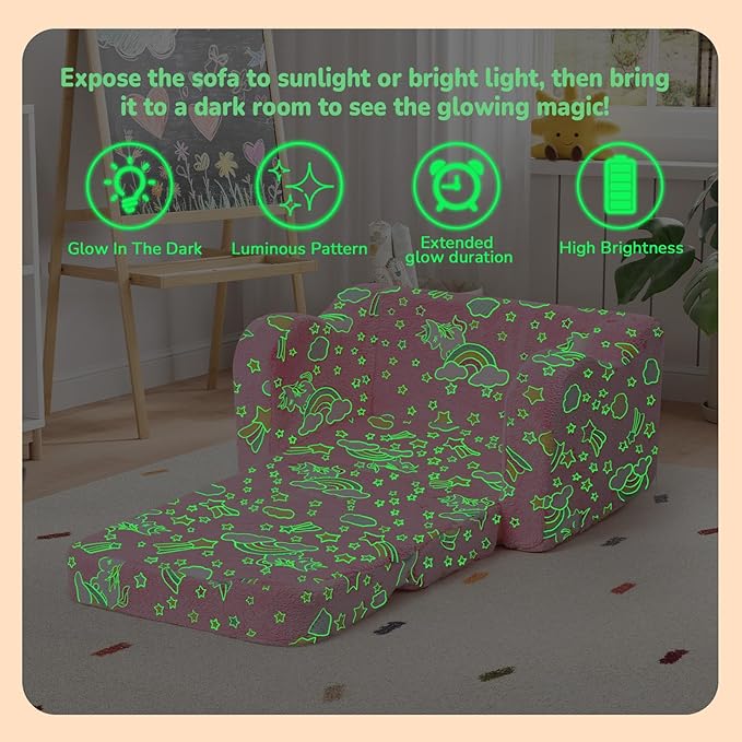 MeMoreCool Glowing Pink Rainbow Kids Chair, 2-in-1 Glow-in-the-Dark Kids Couch Fold Out Sofa for Girls, Comfy Plush Foam Recliner for Playroom Nursery, Washable Cover, Ages 1-3 | Reading, Lounging