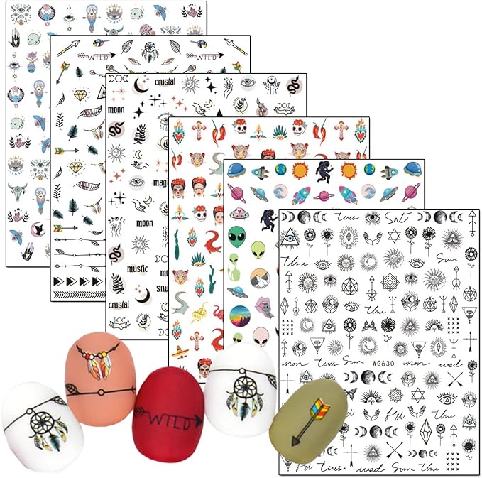Ancient Tribe Tribal Totem Feather Alien Moon Star Eyes Skull Nail Sticker, 3D Indian Self-Adhesive Nail Art Decals Design for Women Girls Manicure Charms Decorations