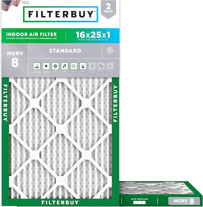 Filterbuy 16x25x1 Air Filter MERV 8 Essential Dust & Allergy Defense (2-Pack), Electrostatic Pleated HVAC AC Furnace Filters Replacement (Actual Size: 15.50 x 24.50 x 0.75)