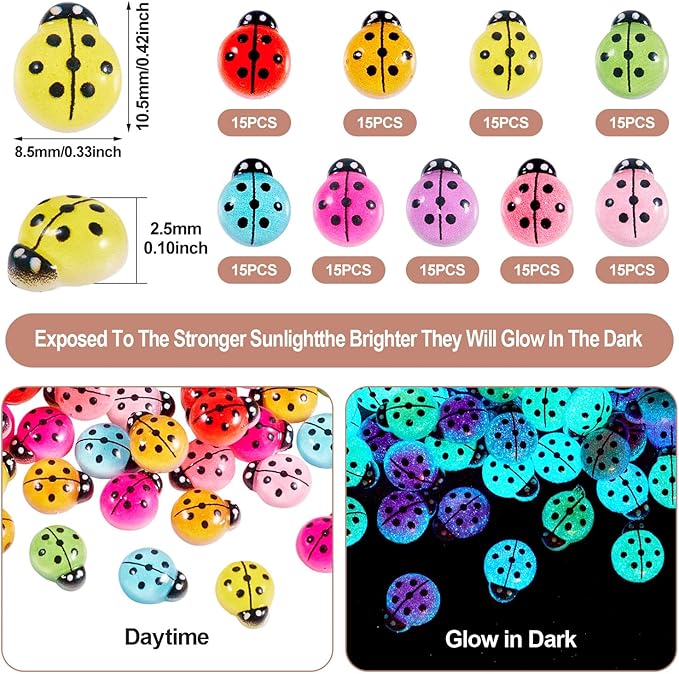135 Pcs Mini Resin Ladybug Charms Glow in The Dark Ladybug Flatback Cabochons Luminous Ladybirds Model Figurines for Nail Crafts Fairy Garden Micro Landscape Scrapbooking Decor