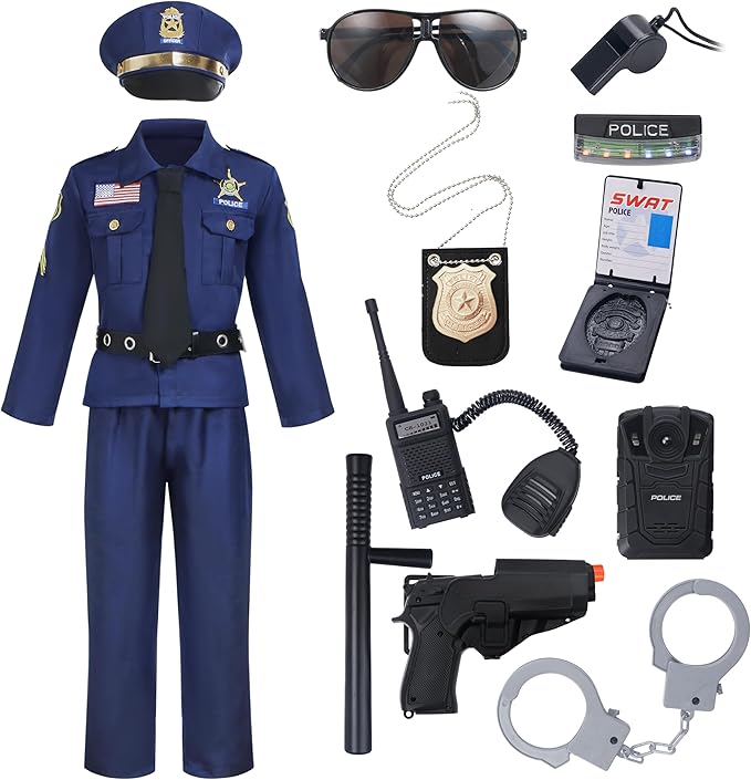 Spooktacular Creations 14PCS Halloween Police Costume for Kids, Police Officer Costume for Boys, Toddler RolePlay Party