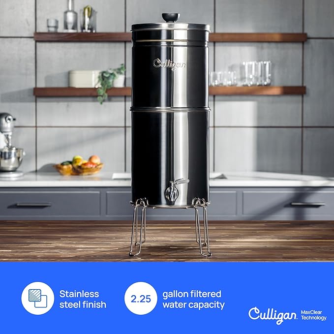 Culligan MaxClear 2.25 Gallon Gravity Water Filter System, Removes Microplastics, PFAS & Lead, NSF/ANSI Certified, Polished Stainless-Steel Countertop Filter with 1 Ceramic Filter