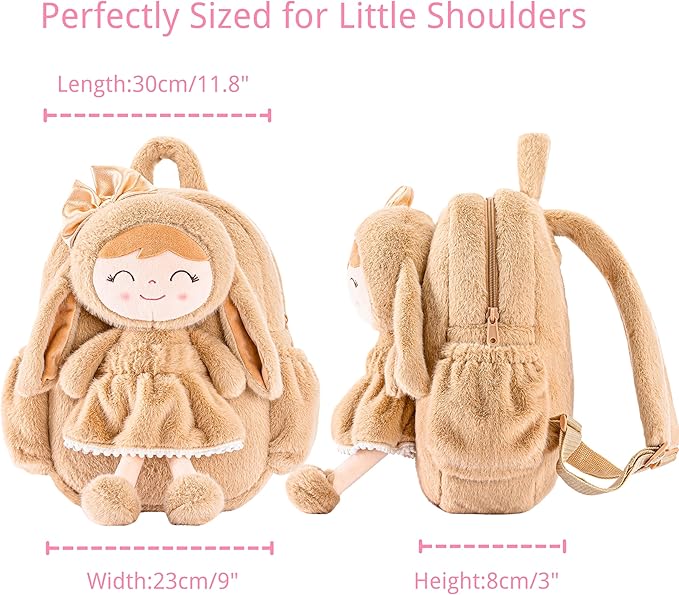 Gloveleya Toddler Backpack with Soft Brown Rabbit 11 inches Detachable Design for Girl Age 2+