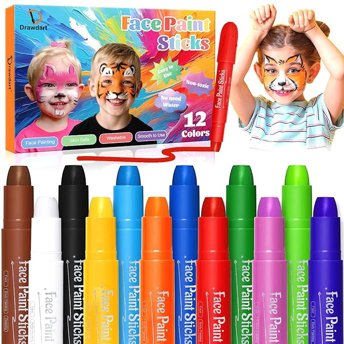 Face Painting Kit for Kids, 12Pcs XL Face and Body Paint Crayons| 12 Vibrant Colors Safe and Washable Face Paint Sticks for Adults Kids Party, Halloween Makeup, School Event, Cosplay