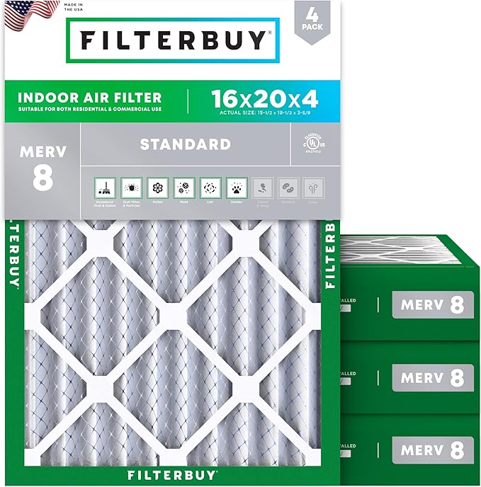 Filterbuy 16x20x4 Air Filter MERV 8 Essential Dust & Allergy Defense (4-Pack), Electrostatic Pleated HVAC AC Furnace Filters Replacement (Actual Size: 15.50 x 19.50 x 3.63)