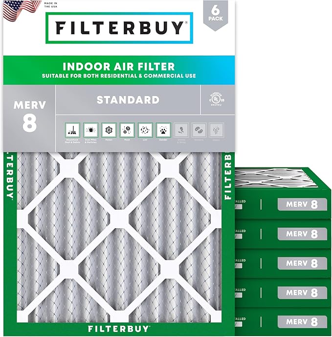 Filterbuy 24x30x2 Air Filter MERV 8 Essential Dust & Allergy Defense (6-Pack), Electrostatic Pleated HVAC AC Furnace Filters Replacement (Actual Size: 23.50 x 29.50 x 1.75)