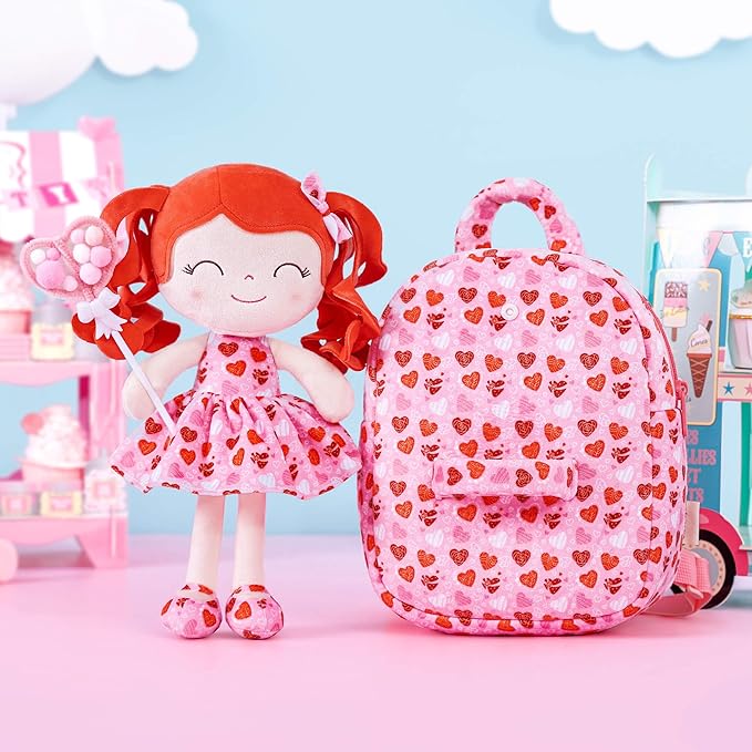 Gloveleya Toddler Girls Backpack Baby Girl Gifts Curly Hair Dolls I Love You Plush Doll with Heart Printed Dress Love Series 9inches