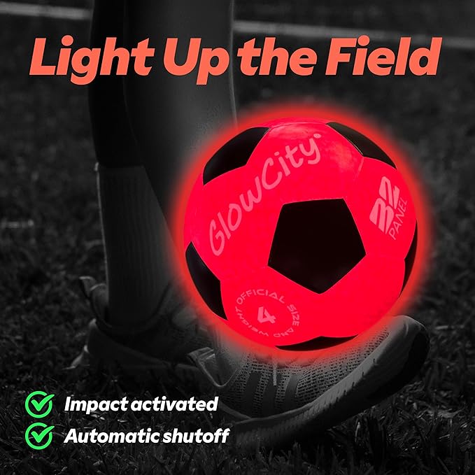 GlowCity Glow in The Dark Soccer Ball - Sizes 3, 4, 5 for Kids, Teens & Adults - Light Up Soccer Ball with 2 LED Lights - Sports Birthday Gifts Ideas for Boys & Teenagers Ages 6 7 8 9 10 11 12 13 14
