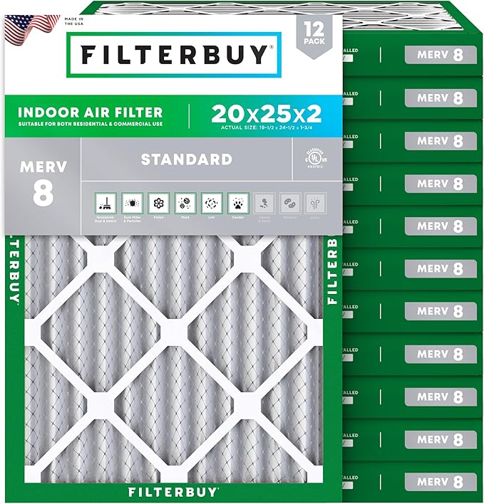 Filterbuy 20x25x2 Air Filter MERV 8 Essential Dust & Allergy Defense (12-Pack), Electrostatic Pleated HVAC AC Furnace Filters Replacement (Actual Size: 19.50 x 24.50 x 1.75)