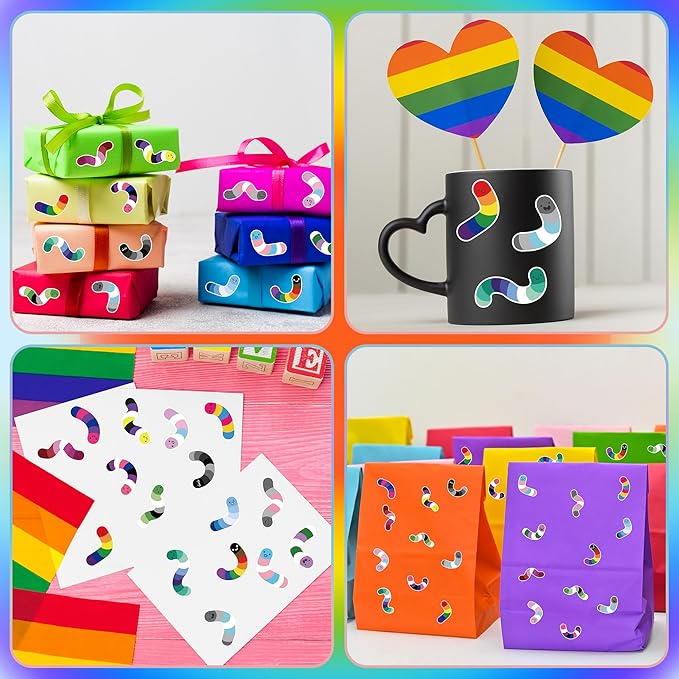 LGBTQ Pride Month Sticker - 1000 Pcs LGBTQ Pride Month Flag Rainbow Candy Worm Waterproof Vinyl Reusable Laptop Sticker Coloring Book Scrapbook Water Bottle Page Activity Pad Party Favors