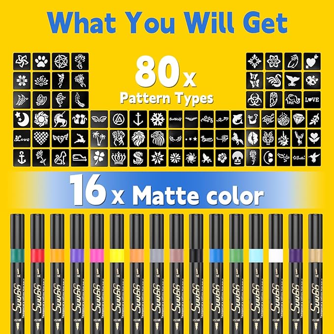 Temporary Tattoo Markers Kit, Dual-End 16 Colors with 80 Stencils for Body Art | Skin-Safe, Washable, Cosmetic-Grade | for Kids & Adults