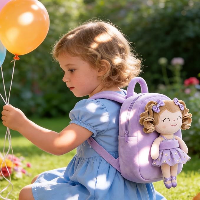 Gloveleya Toddler Backpack Baby Ballerina Girl Gifts Plush Curly Hair Ballet Backpack - White Purple 9 inches