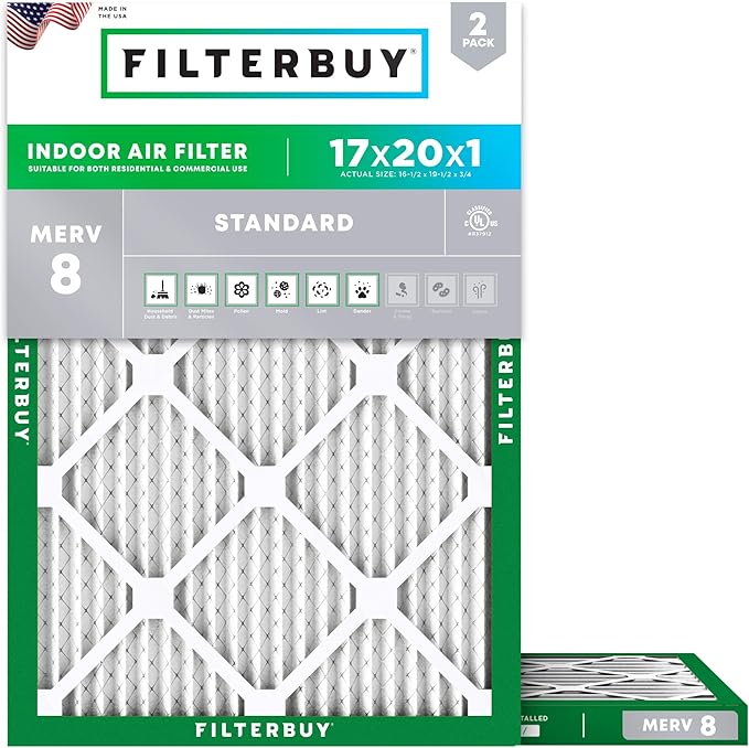 Filterbuy 17x20x1 Air Filter MERV 8 Essential Dust & Allergy Defense (2-Pack), Electrostatic Pleated HVAC AC Furnace Filters Replacement (Actual Size: 16.50 x 19.50 x 0.75)