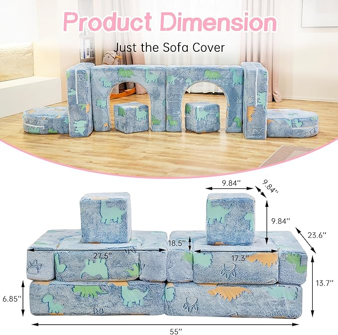 Sofa Cover 8PCS, Washable Couch Cover Glow in The Dark for Playroom Bedroom, Comfy Toddler Couch Cover for Boys and Girls,Only Cover Glowing Dinosaur (Blue), J16858721-WT