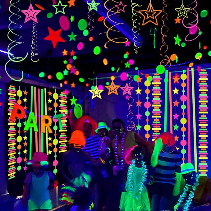 60feet UV Neon Streamers Glow Garland Stripe Hanging Glow in The Dark Party Decorations Blacklight Reactive Fluorescent Black Light Kit Neon Party Supplies for Birthday Wedding