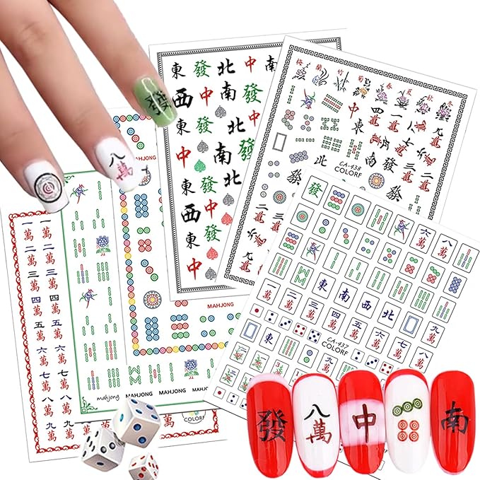 Funny Mahjong Nail Art Stickers - Chinese Playing Cards Game Design, 3D Decals, Luck Nail Art Supplies (6 Sheets)