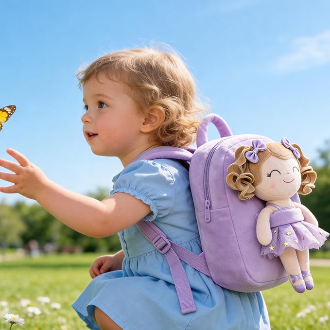 Gloveleya Toddler Backpack Baby Ballerina Girl Gifts Plush Curly Hair Ballet Backpack - White Purple 9 inches