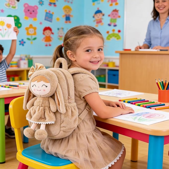 Gloveleya Toddler Backpack with Soft Brown Rabbit 11 inches Detachable Design for Girl Age 2+