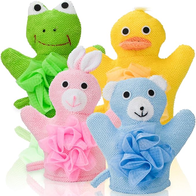 Made Easy Kit Hand Puppet Bath Wash Mitt Towel with Animal Designs with Loofahs for Fun Interactive Bathing Time (Green Yellow Pink Blue)