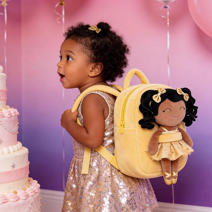 Gloveleya Toddler Backpack Baby Ballerina Girl Gifts Plush Curly Hair Ballet Backpack - Black Blonde 9 inches