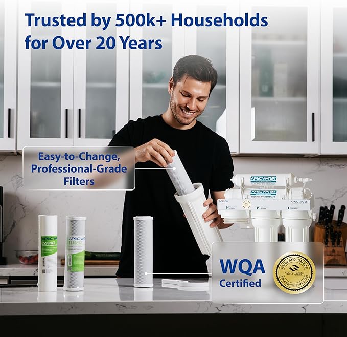 APEC Water 5-Stage Under Sink Reverse Osmosis Water Filter System, ROES-50 Essence Series, WQA Certified, 50 GPD, Reduces 99.99% of Contaminants, Home Water Filtration, DIY Install
