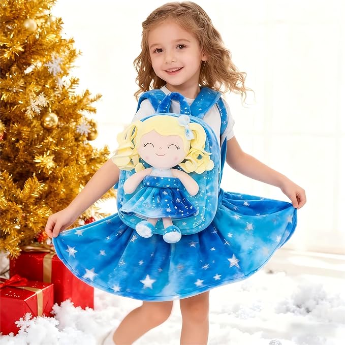 Gloveleya Toddler Backpack Baby Girl Gifts Plush Curly Girl Doll Backpacks Blue Dress with Glitter Stars 9 inches