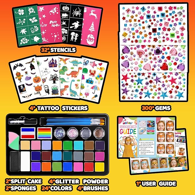 MGparty Face Painting Kit for Kids, 24 Colors Face Paint Set with Stencils, Glitter, Gem Stickers, Brushes,Tattoos, Non-Toxic Washable Face Paint for Halloween Birthday School Events