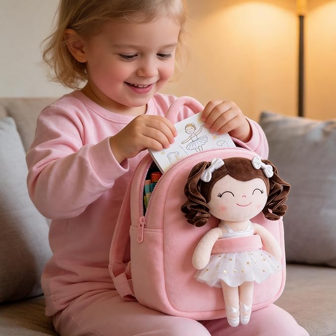 Gloveleya Toddler Backpack Baby Ballerina Girl Gifts Plush Curly Hair Ballet Backpack - White 9 inches